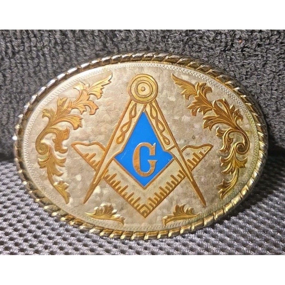 silver and gold masonic belt buckle vintage